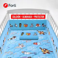 FORLI - Colchón Looney tunes Baby Cuna Celeste + 01 Almohada + Protector