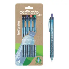 ECONOVO - Lapicero Eco Novo Retráctil Azul Negro Rojo Verde Blíster 4 Und