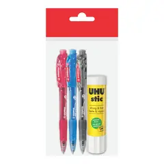 STABILO - Pack 3 Lapiceros Azul Rojo Negro + Goma Barra UHU 21 g