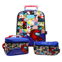 AMONG US - Set Maleta Con Ruedas + Lonchera + Cartuchera Color Azul Y Rojo
