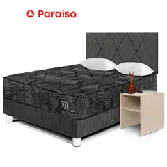 PARAISO - Dormitorio Pocket Max Black 2 Plazas + 1 Velador + 2 Almohadas + 1 Protector