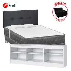 FORLI - Combo Dormitorio Acqua 2 Plazas Colchon + Box Tarima + Cabecera + Mesa De Tv 50" + Sofa Cama + 02 Almohadas