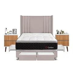 FORLI - Dormitorio Golden 2 Plazas Beige + 2 Veladores Milan