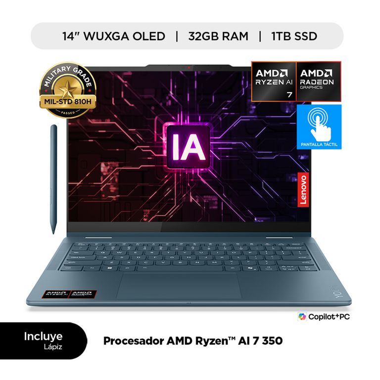 Laptop IA Yoga 7 2 en 1 AMD Ryzen AI 7 350 32GB RAM 1TB SSD 14" OLED WUXGA táctil