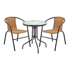 CASA JOVEN - COMBO MESA METAL + 2 SILLAS RATAN NATUR