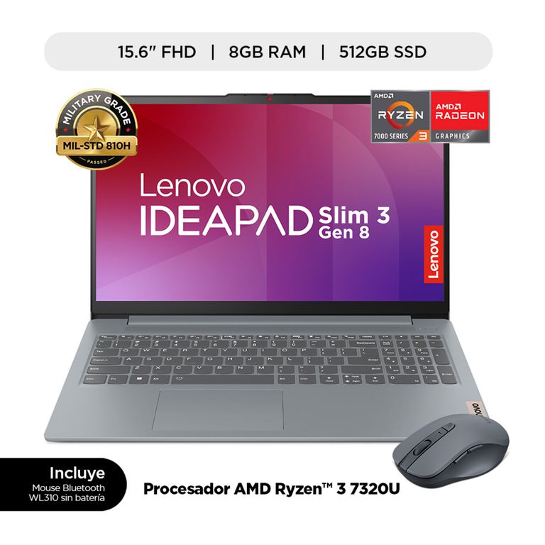 Laptop Ideapad Slim 3 AMD Ryzen 3 7320U 8GB RAM 512GB SSD 15.6" FHD