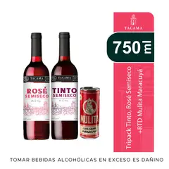 TACAMA - Tripack Vino Rose Semiseco 750 mL + Tinto Semiseco 750 mL + RTD Mulita Maracuyá